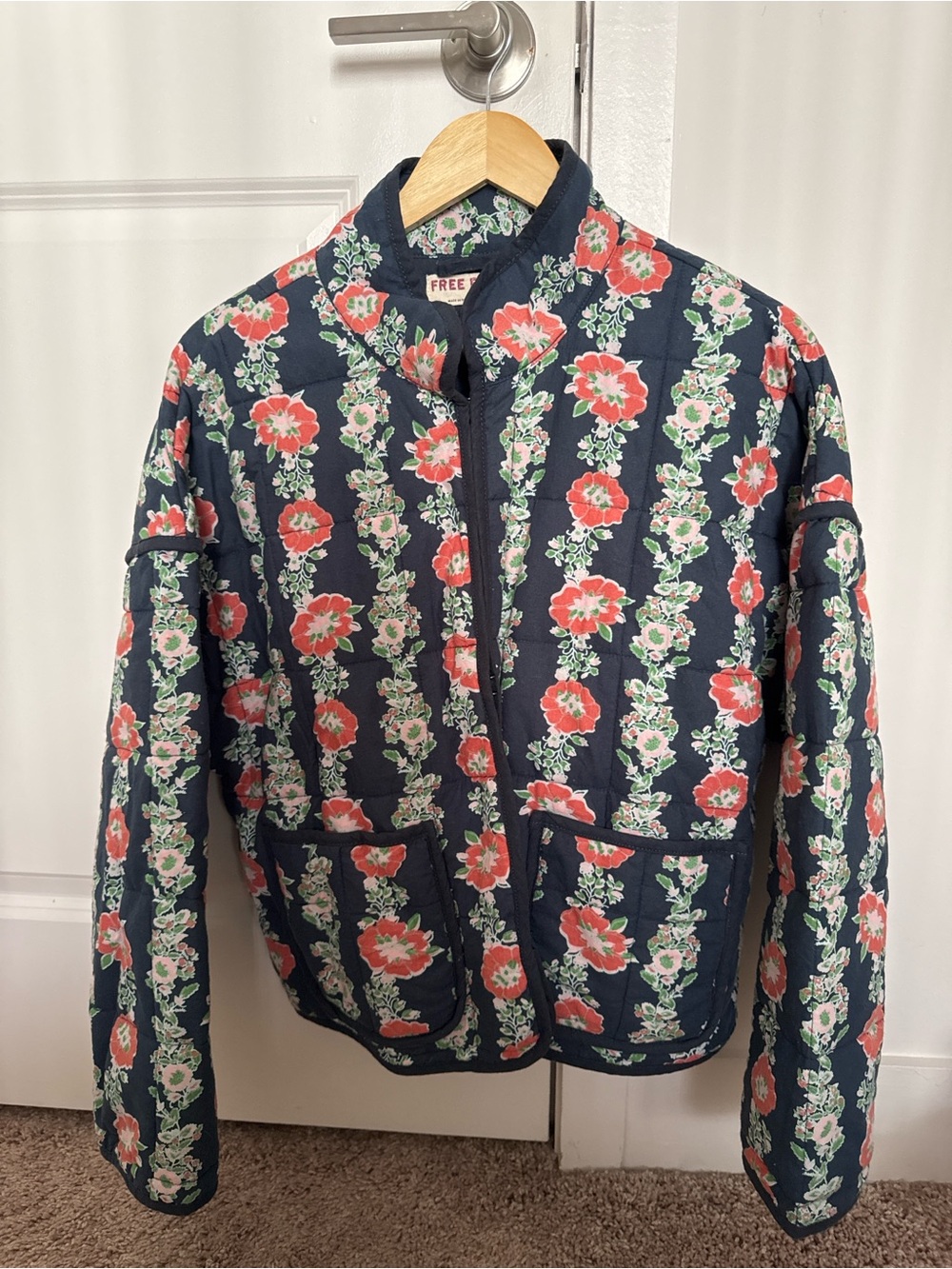 Free People Navy Quilted Bomber Jacket with Floral Print